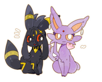 Rule 34 | :3, animal ear piercing, animal focus, animalization, black eyes, bright pupils, chinese commentary, colored sclera, commentary, dendra (pokemon), espeon, forehead jewel, full body, gen 2 pokemon, heart, kui kui jiang, nintendo, no humans, pokemon, pokemon (creature), pokemon sv, red sclera, simple background, sitting, tulip (pokemon), umbreon, white background, white pupils