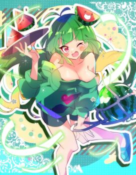 blue_shoes breasts cleavage food food-themed_hair_ornament food_print fruit fruit_print green_hair green_pants green_sweater hair_ornament heart highres indie_virtual_youtuber large_breasts long_hair melon mini_melon_(vannamelon) off_shoulder open_mouth pants red_eyes shiny_skin shoes slice smile spiral_cheeks sweater towoyama vanna_melon very_long_hair virtual_youtuber watermelon watermelon_hair_ornament watermelon_print watermelon_slice