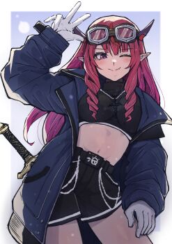 1girl absurdres belt blush commentary drill_hair english_commentary gloves goggles goggles_on_head halter_shirt halterneck highres hilt hololive hololive_english horns irys_(hololive) jacket ld_(luna_dial398) long_hair looking_at_viewer midriff one_eye_closed pointy_ears red_eyes red_hair skirt solo twin_drills virtual_youtuber white_gloves