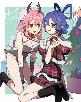 2girls alternate_costume animal_collar animal_costume antlers artist_name black_boots blue_eyes blue_hair blush boots breasts brown_dress brown_gloves bun_cover chisel christmas christmas_tree cleavage collar commentary_request double_bun dress fur-trimmed_dress fur_trim gloves hair_bun hair_ornament hair_rings hair_stick highres holding holding_leash horns ibaraki_kasen kaku_seiga kneeling leash merry_christmas multiple_girls one_eye_closed open_mouth pink_eyes pink_hair plaid_clothes plaid_dress red_dress reindeer_antlers reindeer_costume smile strapless strapless_dress touhou uehara_suiyo yuri