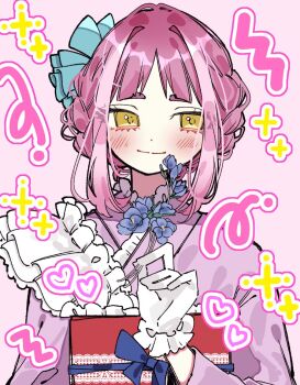 1girl alternate_costume arched_bangs blue_bow blue_flower blush bow commentary_request flower gloves holding holding_flower ino_climate japanese_clothes kimono lace_trim lacey_(pokemon) lolita_fashion long_sleeves looking_at_viewer nintendo pink_background pink_hair pink_kimono pokemon pokemon_sv red_sash sash simple_background solo updo upper_body wa_lolita white_gloves yellow_eyes