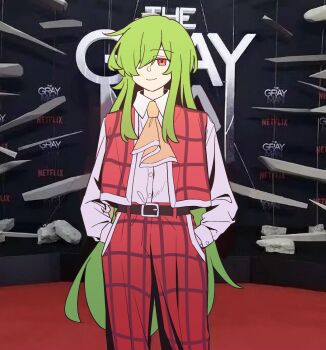 Rule 34 | 1girl, ascot, belt, black belt, dress shirt, green hair, hair over one eye, highres, kazami yuuka, kazami yuuka (pc-98), long hair, looking at viewer, open clothes, open vest, pants, plaid clothes, plaid pants, plaid vest, red eyes, red pants, red vest, shirt, smile, solo, touhou, touhou (pc-98), very long hair, vest, white shirt, yellow ascot, yimudesu