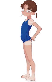 1girl barefoot brown_eyes brown_hair chi-iz feet flat_chest highres one-piece_swimsuit original short_hair simple_background swimsuit tan tanline white_background