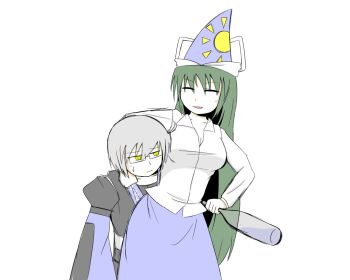 1boy 1girl alternate_costume arm_around_neck bottle breasts cleavage closed_eyes glasses green_hair hat hetero kita_(higan) large_breasts long_hair long_skirt long_sleeves mima_(touhou) morichika_rinnosuke neck_hold open_mouth puffy_sleeves shirt short_hair simple_background skirt smile sweatdrop touhou touhou_(pc-98) very_long_hair white_shirt wide_sleeves wizard_hat yellow_eyes
