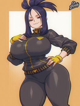 1girl artist_name black_hair black_jacket black_pants breasts chromatic_aberration commentary commission cowboy_shot curvy dendra_(pokemon) english_commentary fingerless_gloves gloves hand_on_own_chest hand_on_own_hip highres huge_breasts jacket long_hair long_sleeves looking_at_viewer nintendo pants parted_bangs parted_lips pokemon pokemon_sv red_eyes smile solo srbready tight_clothes tight_jacket tight_pants yellow_background yellow_gloves zipper