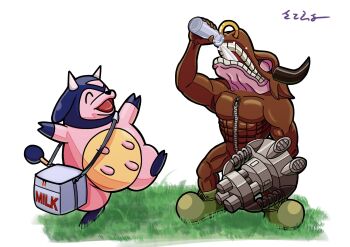 animal closed_eyes cow crossover digimon digimon_(creature) drinking gen_2_pokemon highres horns milk miltank minotaur minotaurumon muscular nintendo pokemon pokemon_(creature) satofa