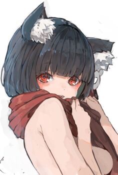 1girl animal_ear_fluff animal_ears azur_lane black_hair blush bob_cut breasts cat_ears cat_mask commentary covered_mouth eyeshadow fang from_side highres looking_at_viewer looking_to_the_side makeup mask mask_on_head medium_breasts naked_scarf nyucha open_mouth red_eyes red_eyeshadow red_scarf scarf short_hair simple_background solo white_background yamashiro_(azur_lane)