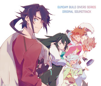 Rule 34 | 1girl, 4boys, album cover, animal ears, aqua eyes, black hair, blue eyes, blue hair, bodysuit, brown eyes, brown hair, commentary, cover, dog ears, everyone, fox ears, freddie (gundam build divers re:rise), frown, furry, gundam, gundam build divers, gundam build divers re:rise, hair over one eye, hand in own hair, hara kazuhiro, kuga hiroto, light smile, looking back, may (gundam build divers re:rise), multiple boys, official art, on shoulder, parviz (gundam build divers re:rise), red shirt, second-party source, shirt, shrug (clothing), torimachi kazami, watermark, white background