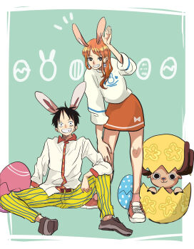 1girl 2boys aji_of_aji55 animal_ears antlers black_hair brown_shoes commentary_request deer_ears earrings easter easter_egg egg facial_scar full_body grin hand_up highres horns jewelry leaning_forward long_hair looking_at_viewer monkey_d._luffy multiple_boys nami_(one_piece) notice_lines one_piece orange_hair orange_skirt pants pink_socks rabbit_ears rabbit_pose reindeer_antlers reindeer_boy scar scar_on_cheek scar_on_face shirt shoes short_hair sitting skirt smile socks standing striped_clothes striped_pants tony_tony_chopper vertical-striped_clothes vertical-striped_pants white_shirt yellow_pants