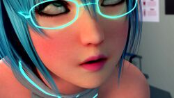 1girl 1other 20s 3d alternate_costume ambiguous_gender animated bare_shoulders black_shirt blue_hair breasts cleavage cleavage_cutout close-up clothing_cutout dazed dead_or_alive dead_or_alive_6 doctor&#039;s_office female_focus glasses gloves glowing glowing_glasses glowing_lines green_eyes hair_between_eyes halterneck highres hypnosis indoors interior light_blue_hair light_smile looking_at_viewer medical_equipment medium_breasts mind_control motion_blur nico_(doa) office parted_lips pendulum pocket_watch pov rolling_eyes shirt solo sound submission swinging tecmo upper_body video vynil watch watching white_gloves white_shirt