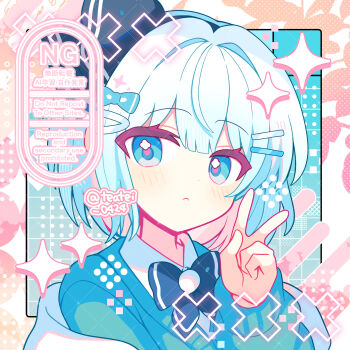 1girl black_bow black_bowtie black_hairband blue_background blunt_bangs blush bow bow_hairband bowtie closed_mouth commentary dot_nose green_sweater grid_background hair_intakes hairband hand_up highres konpaku_youmu long_sleeves looking_at_viewer portrait shirocha_tei short_hair solo sparkle sweater touhou twitter_username v watermark white_hair