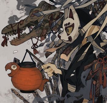 Rule 34 | 1girl, absurdres, arm at side, artist name, blue hair, blue kimono, commentary request, falling petals, fox mask, highres, holding, holding stick, inkling, inkling girl, inkling player character, japanese clothes, kimono, lantern, long hair, long sleeves, mask, nintendo, obi, ofuda, p0m4 p0m4, paper lantern, petals, pointy ears, portrait, sash, shide, smoke, solo, sotoba, splatoon (series), statue, stick, suction cups, tentacle hair, upper body, watermark, white petals, wide sleeves