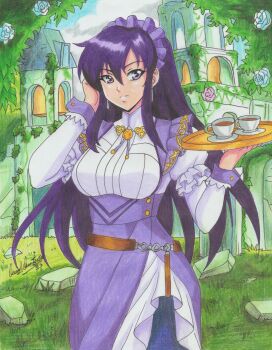 1girl absurdres artist_name ayra_(fire_emblem) ayra_(tea_party)_(fire_emblem) breasts cup dress fire_emblem fire_emblem:_genealogy_of_the_holy_war fire_emblem_heroes highres holding holding_tray large_breasts long_hair maid_headdress nintendo official_alternate_costume purple_dress purple_eyes purple_hair ravernclouk_design solo teacup tray