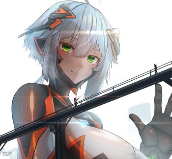 1girl absurdres ahoge artist_name blush bodysuit breasts colossus_(natsukaze_shigure) giant giantess green_eyes grey_hair hair_between_eyes headgear hexagon_print highres impossible_bodysuit impossible_clothes large_breasts looking_at_viewer natsukaze_shigure original science_fiction short_hair smile train waving white_background white_hair