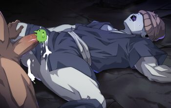 2boys aged_down anus ass beanie beige_hat black_background blue_kimono censored colored_skin colored_tongue commentary covered_eyes cum cum_dripping_from_anus cum_in_ass cum_on_body cum_on_clothes cum_on_lower_body cum_on_male cumdrip dragon_ball drooling grey_skin hand_on_another's_thigh hat hat_over_eyes japanese_clothes jiren kimono legs_apart lying male_focus multiple_boys muscular muscular_male oguri_shun on_back on_ground open_mouth pectoral_cleavage pectorals purple_tongue sash short_sleeves solo_focus spread_legs sweat teeth torn_clothes torn_hat white_sash yaoi