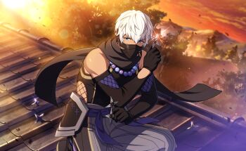 Rule 34 | 1boy, bare shoulders, black gloves, black scarf, blue eyes, covered mouth, dark-skinned male, dark skin, game cg, gloves, happy elements, helios rising heroes, highres, holding, holding weapon, japanese clothes, jewelry, kunai, looking at viewer, male focus, mask, mouth mask, necklace, ninja, ninja mask, non-web source, official art, oscar bale, outdoors, pants, rooftop, scarf, short hair, shuriken, solo, sunset, weapon, white hair
