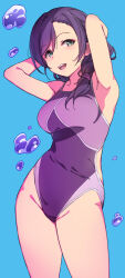 Rule 34 | 1girl, armpits, arms behind head, blue background, breasts, duke (inu daimyou), green eyes, long hair, looking at viewer, love live!, love live! school idol project, medium breasts, one-piece swimsuit, open mouth, purple hair, purple one-piece swimsuit, simple background, solo, standing, swimsuit, teeth, thighs, tojo nozomi, upper teeth only