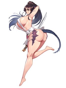 Rule 34 | 1girl, absurdres, arm up, armpits, ass, au ra, bare legs, black hair, black scales, breasts, closed mouth, commentary, dragon girl, dragon horns, dragon tail, english commentary, final fantasy, final fantasy xiv, full body, gurimjang, highres, holding, holding sword, holding weapon, horns, huge breasts, leg up, long hair, long legs, looking at viewer, navel, ponytail, reverse grip, sapphira nyx, scales, shiny skin, sidelocks, simple background, smile, solo, sword, tail, thick thighs, thighs, warrior of light (ff14), weapon, white background, yellow eyes