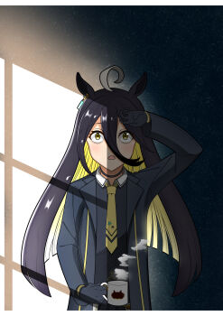 Rule 34 | 1girl, absurdres, ahoge, animal ears, arm up, black coat, black gloves, black hair, blonde hair, coat, collared shirt, colored inner hair, commentary request, contrast collar, cup, ear ornament, ear tag, earrings, gloves, grey hair, hair between eyes, highres, holding, holding cup, horse ears, horse girl, jewelry, long bangs, long hair, long hair between eyes, long sleeves, manhattan cafe (creeping black) (umamusume), manhattan cafe (umamusume), mug, multicolored hair, oncep0p, open clothes, open coat, open mouth, shirt, single earring, solo, steaming cup, umamusume, very long hair, white hair, yellow eyes