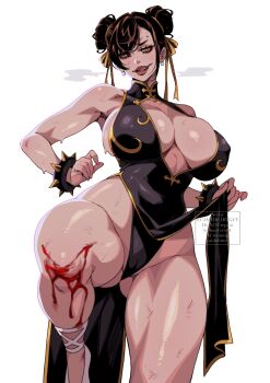 alternate_eye_color bare_shoulders black_dress blood blood_on_leg breasts brown_hair cam_the_art_guy capcom chun-li cleavage_cutout clothes_lift clothing_cutout cropped_legs double_bun dress eyeliner hair_bun highres large_breasts makeup pelvic_curtain pelvic_curtain_lift red_eyeliner red_eyes red_lips shiny_skin simple_background solo spiked_bra standing standing_on_one_leg street_fighter sweat thick_thighs thighs veins veiny_breasts white_background