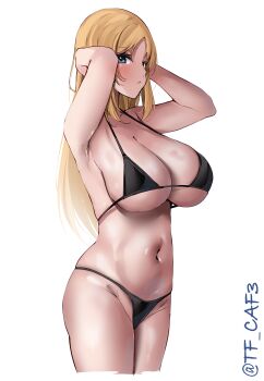 Rule 34 | 1girl, absurdres, alternate costume, bare shoulders, bikini, black bikini, blonde hair, blue eyes, blush, breasts, collarbone, cowboy shot, highres, kantai collection, large breasts, long hair, looking at viewer, navel, nelson (kancolle), one-hour drawing challenge, simple background, smile, solo, swimsuit, tf cafe, twitter username, white background