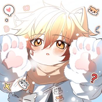 1boy aged_down alternate_costume animal_ear_fluff animal_ears animal_hands black_shirt blonde_hair blush braid cat_boy cat_ears cat_paws chinese_commentary commentary_request facial_tattoo gloves goldenpenguin96 gradient_hair highres honkai:_star_rail honkai_(series) jacket male_focus medium_hair multicolored_hair mydei_(fig_stew)_(honkai:_star_rail) mydei_(honkai:_star_rail) paw_gloves phainon_(honkai:_star_rail) phainon_(vigethos)_(honkai:_star_rail) red_hair red_tattoo scarf shirt side_braid solo tattoo white_jacket yellow_eyes yellow_scarf