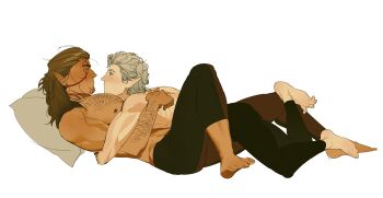 Rule 34 | 2boys, absurdres, arm hair, arms around waist, astarion, bacchus lpiii, baldur's gate, baldur's gate 3, barefoot, black pants, braid, brown hair, brown pants, chest hair, chinese commentary, closed eyes, commentary request, couple, dungeons & dragons, eye contact, facial mark, hairy, halsin, highres, looking at another, lying, lying on person, male focus, medium hair, multiple boys, nipple piercing, nipples, on back, pants, pectorals, piercing, pillow, short hair, simple background, topless male, wavy hair, white background, white hair, yaoi