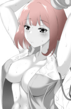 Rule 34 | 1girl, absurdres, armpits, blush, breasts, closed mouth, collarbone, collared dress, commentary, dress, frown, greyscale, hat, highres, kamen rider, kamen rider ex-aid (series), large breasts, linea alba, medium hair, monochrome, navel, open clothes, open dress, pandacross, pink hair, poppi pipopapo, simple background, solo, spot color, stomach, sweat, upper body