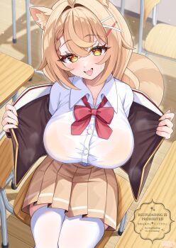 1girl absurdres animal_ear_fluff animal_ears bow bowtie bra breasts chair collared_shirt commentary_request desk elegant_(sumisumi4268) eyelashes floor from_above hair_between_eyes hair_ornament highres indoors jacket looking_at_viewer medium_hair on_chair open_clothes open_jacket open_mouth original pleated_skirt red_bow red_bowtie school_chair school_desk school_uniform shirt sitting skirt solo squirrel_ears squirrel_tail tail thighhighs underwear white_thighhighs wooden_floor yellow_bra yellow_eyes