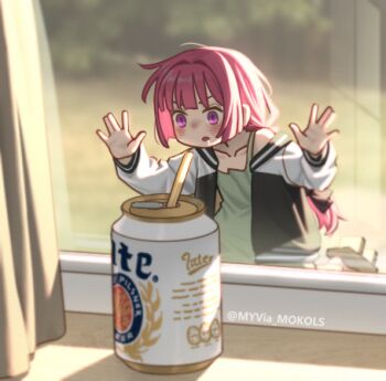 1girl against_window artist_name backlighting beer_can blunt_bangs blurry blurry_background blush bocchi_the_rock! can commentary curtains day dress drink_can drinking_straw english_commentary green_dress hiroi_kikuri jacket kneeling long_hair lowres mini_person minigirl myvia_mokols open_clothes open_jacket open_mouth purple_eyes purple_hair saliva shadow sidelocks solo windowsill