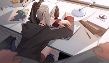 Rule 34 | 1girl, 1other, absurdres, black choker, black hair, black hoodie, blanket, blue archive, choker, closed eyes, closed mouth, demon girl, demon horns, ear piercing, highres, holding, holding blanket, hood, hoodie, horns, kayoko (blue archive), long hair, multicolored hair, piercing, ponytail, pov, ryoya, sidelocks, sleeping, sleeping on desk, two-tone hair, white hair