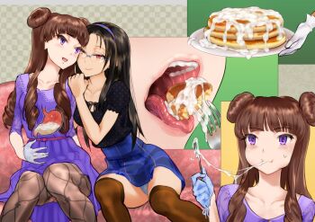 Rule 34 | 2girls, blush, brown hair, cum, cum in mouth, cum on food, cum string, cumdrip, dokiyuri, glasses, gloves, gokkun, hair ornament, happy, highres, indoors, long hair, multiple girls, open mouth, original, panties, smile, thighhighs, underwear, x-ray