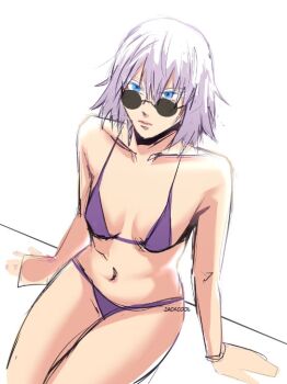 1girl bikini blue_eyes breasts collarbone genderswap genderswap_(mtf) glasses gojou_satoru jackcherrii jujutsu_kaisen looking_at_viewer navel purple_bikini sitting swimsuit thighs white_hair