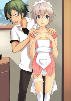 2boys apron blue_eyes closed_mouth collarbone crossdressing crossdressing_(mtf) dress exhibitionism feet_out_of_frame frilled_thigh_strap green_eyes green_hair grey_hair hair_between_eyes hakuyagen_(yoronbi) hands_on_another's_shoulders hands_on_own_chest hands_up hikigaya_hachiman indoors kneehighs looking_at_viewer looking_down male_focus multiple_boys panties penis_out pink_dress presenting_another public_indecency revealing_clothes scoop_neck shirt short_hair short_sleeves sidelocks socks standing straight-on testicles thigh_strap totsuka_saika trap underwear waitress wavy_mouth white_apron white_panties white_shirt white_socks wing_collar yahari_ore_no_seishun_lovecome_wa_machigatteiru. yaoi