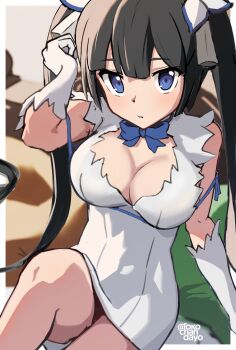 1girl absurdres black_hair blue_bow blue_eyes blue_ribbon bow breasts cleavage commentary_request dress dungeon_ni_deai_wo_motomeru_no_wa_machigatteiru_darou_ka expressionless gloves hair_ornament hair_ribbon hestia_(danmachi) highres long_hair looking_at_viewer rei_no_himo ribbon rokochandayo solo twintails twitter_username white_dress white_gloves