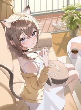1girl absurdres animal_collar animal_ear_fluff animal_ears bare_shoulders bell belt_collar blue_eyes blush braid breasts brown_hair cardigan cat_ears cat_girl cat_tail choker cleavage closed_mouth coffee collar commentary couch crossed_bangs cup curtains dress extra_ears from_above hair_between_eyes hair_ornament hairclip hameln_11 highres indie_virtual_youtuber indoors jacket korean_commentary large_breasts long_hair long_sleeves looking_at_viewer low_twin_braids medium_breasts medium_hair mug neck_bell off_shoulder on_couch own_hands_together plant potted_plant seorang_(vtuber) sitting sleeveless sleeveless_dress slippers smile solo spaghetti_strap steepled_fingers stuffed_toy tail twin_braids virtual_youtuber white_dress window yellow_jacket