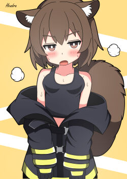 1girl absurdres animal_ear_fluff animal_ears arknights artist_name bare_shoulders black_gloves black_jacket black_tank_top blush breasts brown_eyes brown_hair commentary cowboy_shot gloves hendra highres jacket looking_at_viewer off_shoulder open_mouth shaw_(arknights) short_hair signature simple_background sleeveless small_breasts solo squirrel_ears squirrel_girl squirrel_tail tail tank_top v-shaped_eyebrows yellow_background
