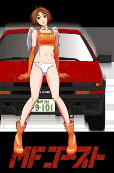 1girl angel_wings ass bikini breasts car collar crop_top elbow_gloves gloves highres initial_d makeup medium_breasts mf_ghost motor_vehicle panties race_queen saionji_ren shin_gekijouban_initial_d solo swimsuit toyota toyota_sprinter_trueno underwear white_panties wings