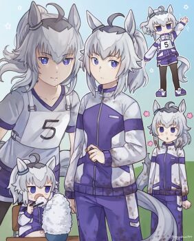 1girl ahoge animal_ears arms_at_sides artist_name black_pantyhose bowl chopsticks closed_mouth commentary_request dirty dirty_clothes eating glutton grey_hair gym_shirt highres holding holding_chopsticks horse_ears horse_girl horse_tail jacket kasamatsu_tracen_training_uniform kingjoshua long_sleeves looking_at_viewer multiple_views oguri_cap_(umamusume) open_mouth pants pantyhose pantyhose_under_shorts purple_eyes purple_jacket purple_pants purple_shoes purple_shorts purple_track_suit purple_trim rice_bowl shirt shoes shorts standing tail track_suit twitter_username umamusume umamusume:_cinderella_gray v-neck waving white_shirt