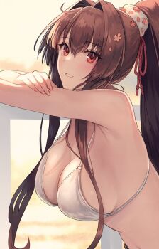 Rule 34 | 1girl, armpits, bare arms, bare shoulders, bikini, blush, breasts, brown eyes, brown hair, cherry blossoms, cleavage, commentary request, day, flower, from side, hair between eyes, hair flower, hair intakes, hair ornament, hair ribbon, high ponytail, highres, kantai collection, kasumi (skchkko), large breasts, long hair, looking at viewer, parted lips, petals, ponytail, red eyes, ribbon, sideboob, sidelocks, smile, solo, strap gap, swimsuit, translation request, upper body, very long hair, white bikini, yamato (kancolle)