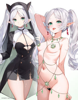 1girl :p absurdres arm_behind_head belly_chain black_dress blush body_jewelry breasts breasts_out cleavage closed_mouth commentary_request covered_erect_nipples covered_pussy dress earrings elf floating_earrings frieren gem green_eyes green_gemstone grey_hair habit heart_maebari highres jewelry long_hair looking_at_viewer machi_(machi0910) maebari naked_jewelry navel necklace nun paid_reward_available parted_bangs patreon_username petite pointy_ears short_eyebrows small_breasts smile solo sousou_no_frieren stomach tongue tongue_out twintails white_background white_hair