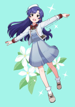 1girl :d aqua_background artist_name blue_dress blue_hair bow bowtie brown_eyes brown_shoes commentary_request dress floating_hair flower full_body hat highres idolmaster idolmaster_(classic) jacket jacket_over_dress kisaragi_chihaya long_hair long_sleeves looking_at_viewer mogukichi_aka open_mouth outstretched_arms red_bow red_bowtie shoes simple_background smile socks solo spread_arms twitter_username white_flower white_hat white_jacket white_socks