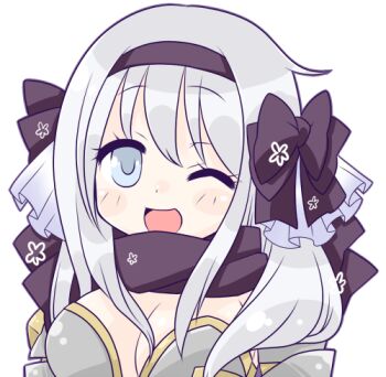 Rule 34 | 1girl, armor, blue eyes, blush, bow, breasts, cleavage, commentary request, grey hair, hair bow, hairband, iyofika, large breasts, long hair, looking at viewer, lowres, official alternate costume, one eye closed, open mouth, pauldrons, purple bow, purple hairband, purple scarf, ragnarok online, rune knight (ragnarok online), scarf, shoulder armor, simple background, smile, solo, upper body, white background