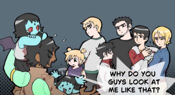 3girls 6+boys :d ? aged_down akt_xp aqua_skin averting_eyes beard bindi black_hair blonde_hair brothers child clone colored_skin commentary_request dark-skinned_male dark_skin demon_girl demon_hipster_chicks demon_wings english_text facial_hair gideon_graves glasses happy heart ken_katayanagi kyle_katayanagi lucas_lee matthew_patel multiple_boys multiple_girls non-humanoid_robot on_shoulder open_mouth ponytail red_eyes robot robot-01 roxie_richter scott_pilgrim_(series) scott_pilgrim_takes_off short_hair short_ponytail siblings simple_background sitting_on_shoulder smile speech_bubble todd_ingram twins wings