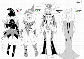 4girls bare_shoulders blonde_hair blue_footwear blue_hat blush_stickers boots breasts reference_sheet choker cleavage closed_eyes colored_skin dark_magician_girl dress duel_monster gagaga_girl gloves green_dress green_eyes green_robe hair_between_eyes hat headpiece height_difference large_breasts long_hair looking_at_viewer mibry_(phrysm) multiple_girls mystical_elf open_mouth pentacle pentagram praying robe showgirl_skirt silent_magician smile spot_color wand wizard_hat yu-gi-oh!