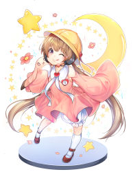 1girl ;q absurdres ajishio bare_shoulders bloomers blush brown_eyes brown_hair brown_shoes closed_mouth collared_dress commentary_request crescent_moon detached_sleeves dress full_body hat headphones headset heart highres hugging_object kindergarten_uniform kneehighs long_hair long_sleeves low_twintails moon one_eye_closed pink_dress pink_sleeves school_hat shoes sleeveless sleeveless_dress sleeves_past_fingers sleeves_past_wrists smile socks solo star_(symbol) star_symbol_background stuffed_animal stuffed_rabbit stuffed_toy tehepero tongue tongue_out tsukuyomi_ai twintails underwear very_long_hair voiceroid white_background white_bloomers white_socks wide_sleeves yellow_hat