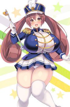 Rule 34 | 1girl, akikaze tsumuji, blue hat, blue jacket, blush, breasts, brown hair, curled ends, drum major, epaulettes, gloves, gold trim, hat, hat feather, highres, holding, huge breasts, jacket, jikkyou powerful pro yakyuu, looking at viewer, multicolored jacket, open mouth, otobuki kanade, panties, pantyshot, pleated skirt, plump, shako cap, skirt, solo, star (symbol), striped clothes, striped panties, teeth, thighhighs, underwear, upper teeth only, white gloves, white jacket, white skirt, white thighhighs, yellow eyes
