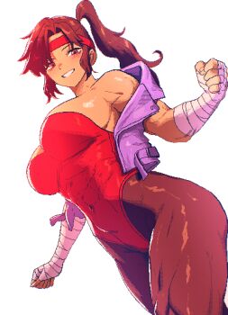 Rule 34 | 1girl, absurdres, arm wrap, armpit crease, bare shoulders, breakers, breasts, brown eyes, brown hair, brown pantyhose, clenched hands, commentary request, commission, covered abs, covered navel, cowboy shot, dithering, dot nose, dutch angle, grin, hand wraps, headband, high ponytail, highleg, highleg leotard, highres, jacket, korean commentary, large breasts, leotard, long hair, looking at viewer, muscular, muscular female, pantyhose, parted bangs, parted lips, pink jacket, pixel art, pixiv commission, ponytail, red headband, red leotard, shiny clothes, shiny skin, sidelocks, simple background, sleeveless, sleeveless jacket, smile, solo, spoiledmuffin, standing, thick thighs, thighs, tia langray, white background