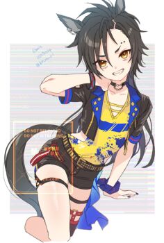 1girl air_shakur_(umamusume) air_shakur_(unsigned)_(umamusume) animal_ears black_choker black_hair black_jacket black_shorts breasts choker cropped_jacket ear_chain eyebrow_piercing face_piercing grin hair_between_eyes horse_ears horse_girl horse_tail jacket koruri linked_piercing long_hair looking_at_viewer open_mouth piercing sharp_teeth shirt shorts smile solo tail teeth thigh_strap tomboy umamusume yellow_eyes yellow_shirt