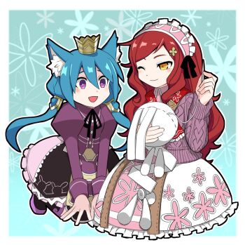 2girls 7th_dragon 7th_dragon_(series) :d ;) animal_ear_fluff black_ribbon blush bright_pupils crown dress ears_up frilled_dress frilled_hairband frills full_body hair_between_eyes hairband healer_(7th_dragon) juliet_sleeves kneeling long_sleeves medium_dress mini_crown momomeno_(7th_dragon) multiple_girls n-mio needle one_eye_closed open_mouth princess_(7th_dragon) puffy_sleeves red_hair ribbon rosary_(7th_dragon) sewing sewing_needle smile stuffed_animal stuffed_rabbit stuffed_toy twintails white_pupils yellow_eyes